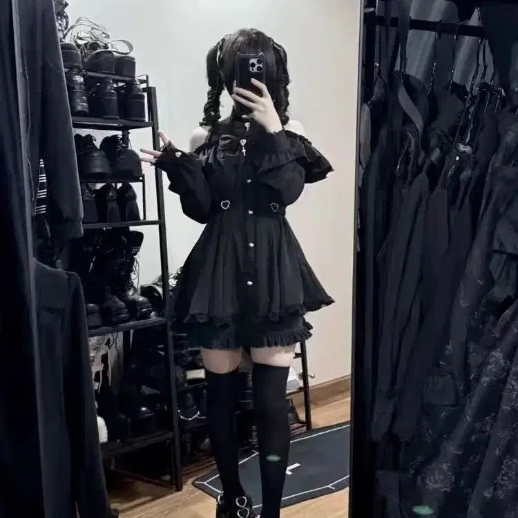 [BUNJANG] Black Gothic Punk Off-shoulder Set / 지뢰계 블랙 고스펑크 오프숄더 셋업