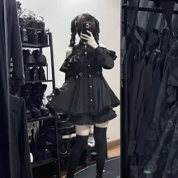 [BUNJANG] Black Gothic Punk Off-shoulder Set / 지뢰계 블랙 고스펑크 오프숄더 셋업