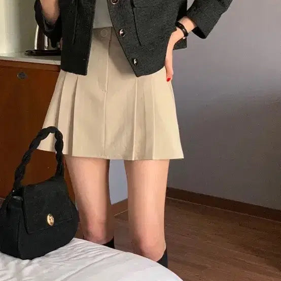 [BUNJANG] Ivory Beige Pleated Mini Skirt / 아이보리 베이지 플리츠 스커트 M