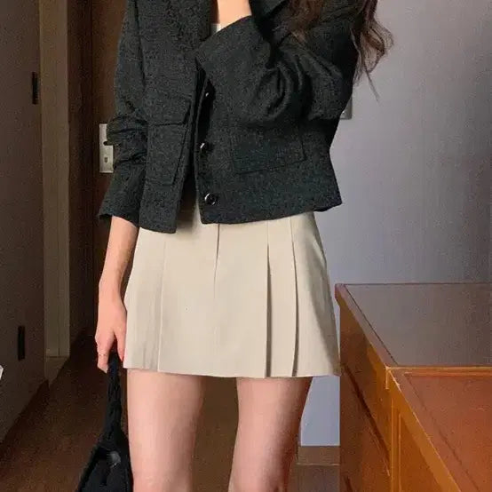 [BUNJANG] Ivory Beige Pleated Mini Skirt / 아이보리 베이지 플리츠 스커트 M