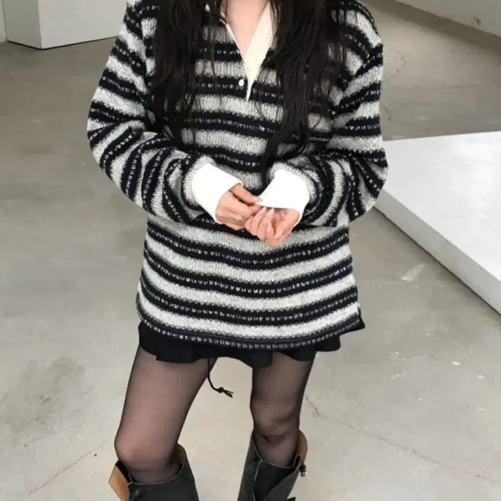 [BUNJANG] Nuse Buddy Stripe Collar Knit / 누즈 버디스트라이프카라니트 1회착