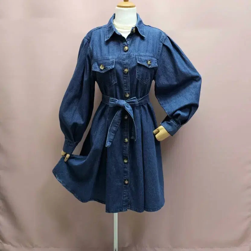 [BUNJANG] Raniakea Puff Denim Flare Dress Set / 라니아케아 퍼프 데님 플레어 원피스 제천끈 세트