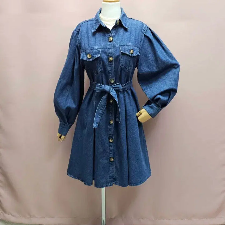 [BUNJANG] Raniakea Puff Denim Flare Dress Set / 라니아케아 퍼프 데님 플레어 원피스 제천끈 세트