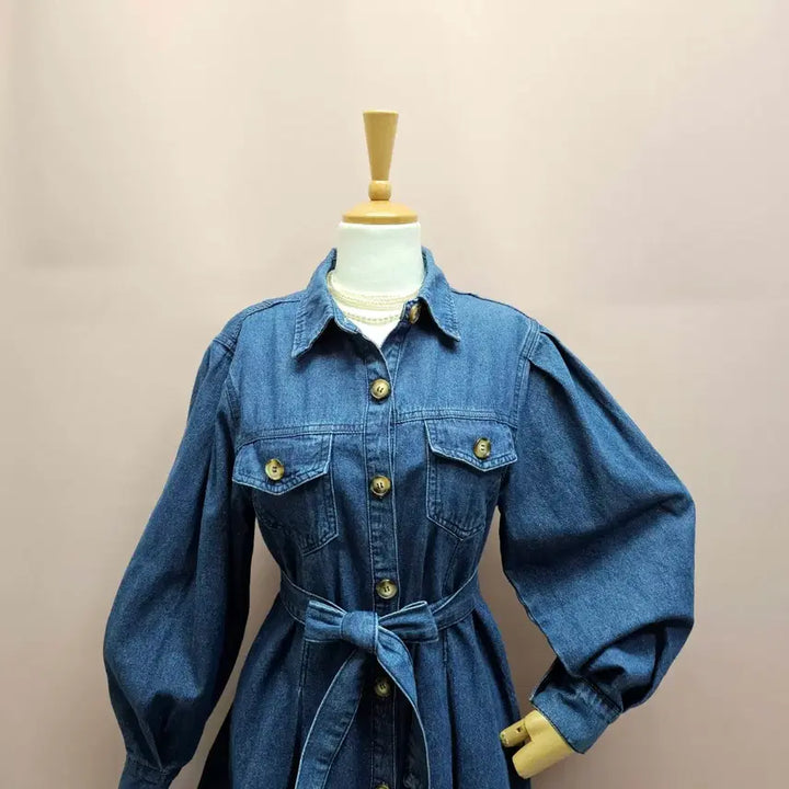[BUNJANG] Raniakea Puff Denim Flare Dress Set / 라니아케아 퍼프 데님 플레어 원피스 제천끈 세트