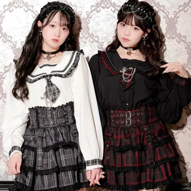 [BUNJANG] NOEMIE Check Frill Mini Sailor Blouse / 노에미 NOEMIE 체크 프릴 미니 넥타이 세일러 블라우스