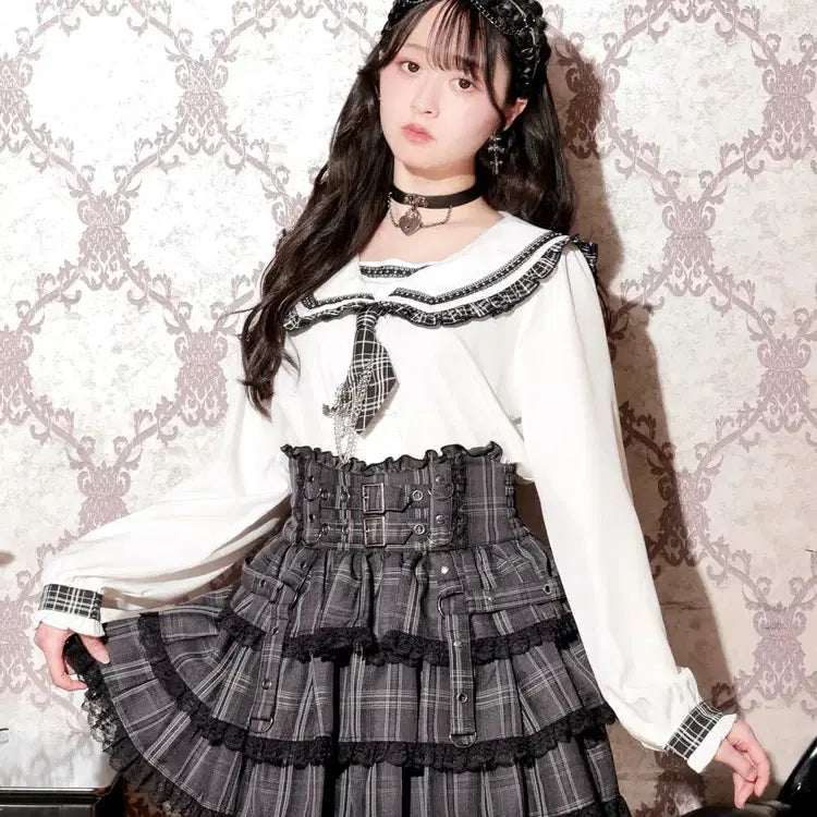 [BUNJANG] NOEMIE Check Frill Mini Sailor Blouse / 노에미 NOEMIE 체크 프릴 미니 넥타이 세일러 블라우스