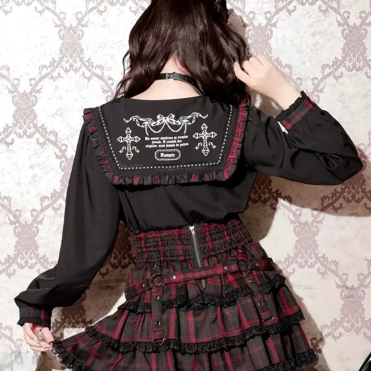 [BUNJANG] NOEMIE Check Frill Mini Sailor Blouse / 노에미 NOEMIE 체크 프릴 미니 넥타이 세일러 블라우스