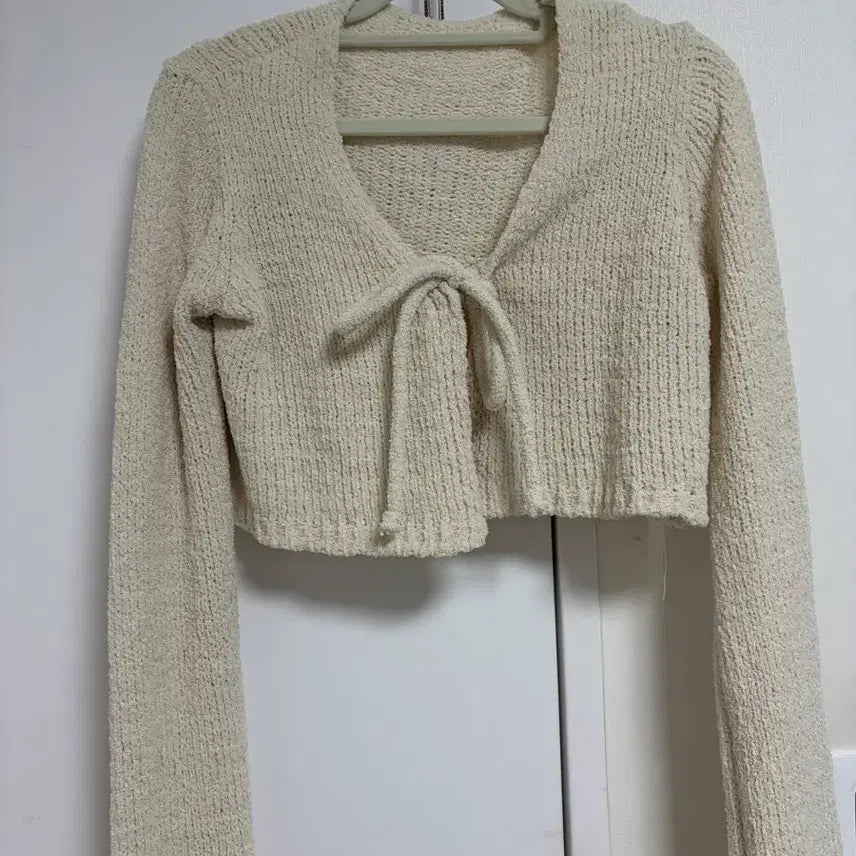 [BUNJANG] Ivory Ribbed Knit Cardigan / 아이보리 기모 리본 가디건 니트