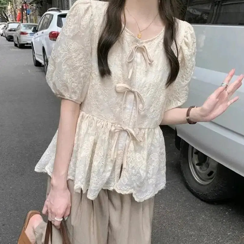 [BUNJANG] BL359 Lace Shirred Puff Blouse / BL359 레이스 셔링 퍼프 블라우스(새상품)