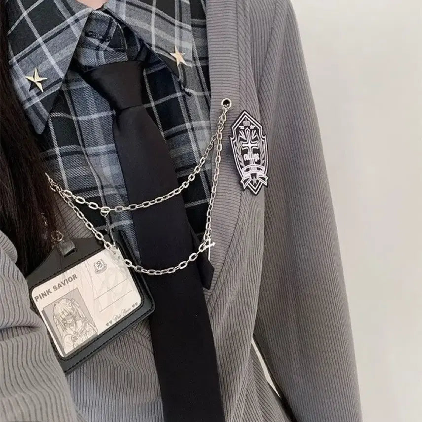[BUNJANG] Dark Academy Checkered Layered Top &amp; Pleated Skirt Set / 다크 아카데미 체크 패턴 레이어드 상의 + 플리츠 스커트 세트(예약판매)