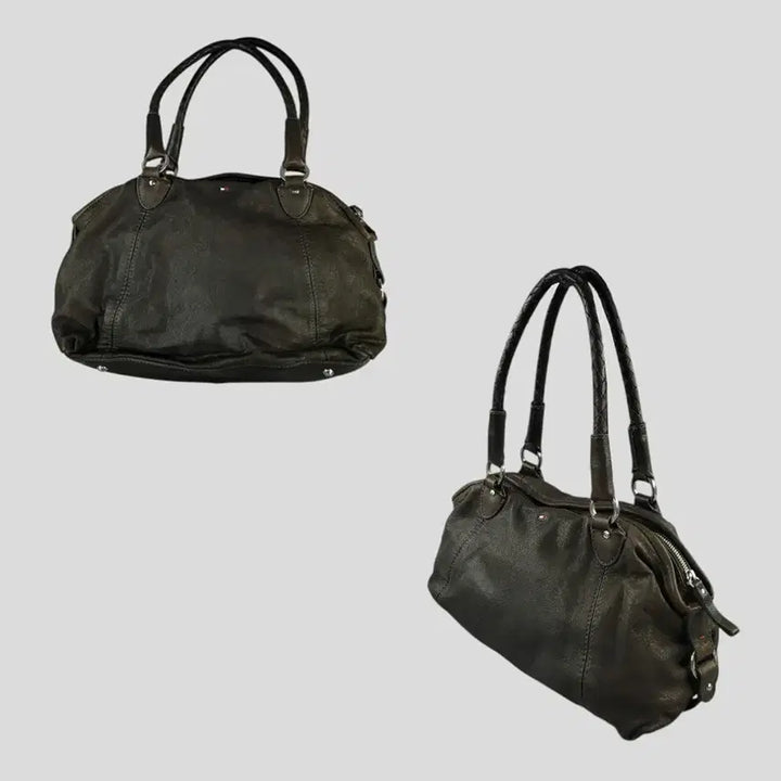 [SOLD OUT] 타미힐피거 에이징 브라운 스틸로고 Y2K 리얼레더 소가죽 토트백 숄더백