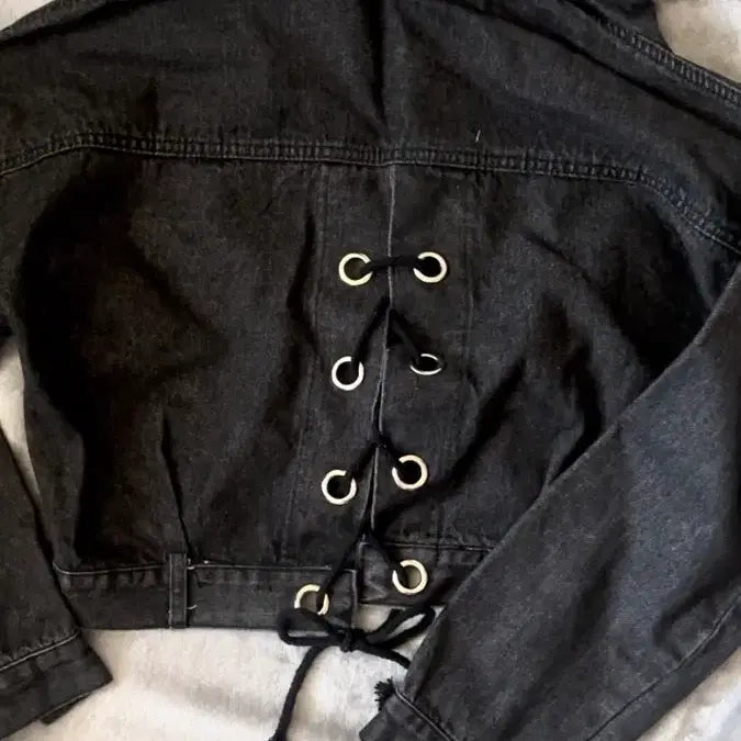 [BUNJANG] Black Denim Crop Jacket with Eyelet Corset / 흑청 크롭 데님자켓 아일렛 코르셋