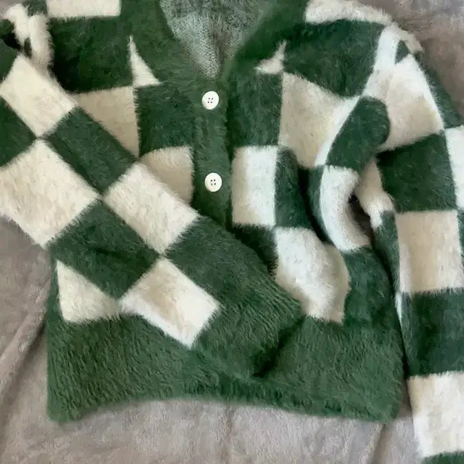 [BUNJANG] Angora Checkboard Crop Cardigan / 앙고라 체크보드 크롭 가디건