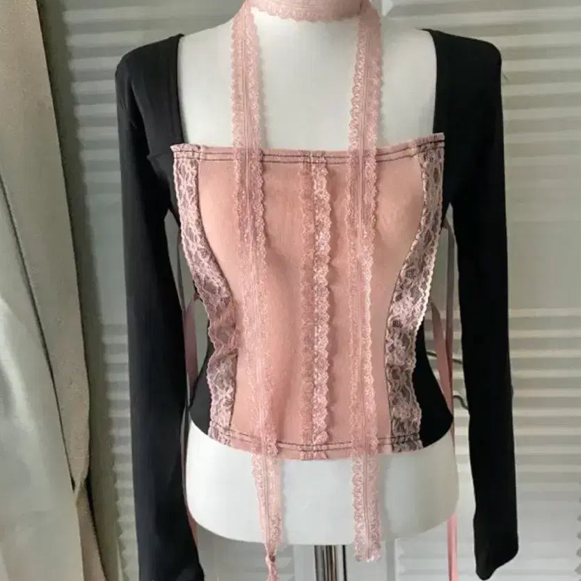 [BUNJANG] Balletcore Lace Top &amp; Scarf Tie Set / 발레코어 레이스 티 + 스카프 타이 set
