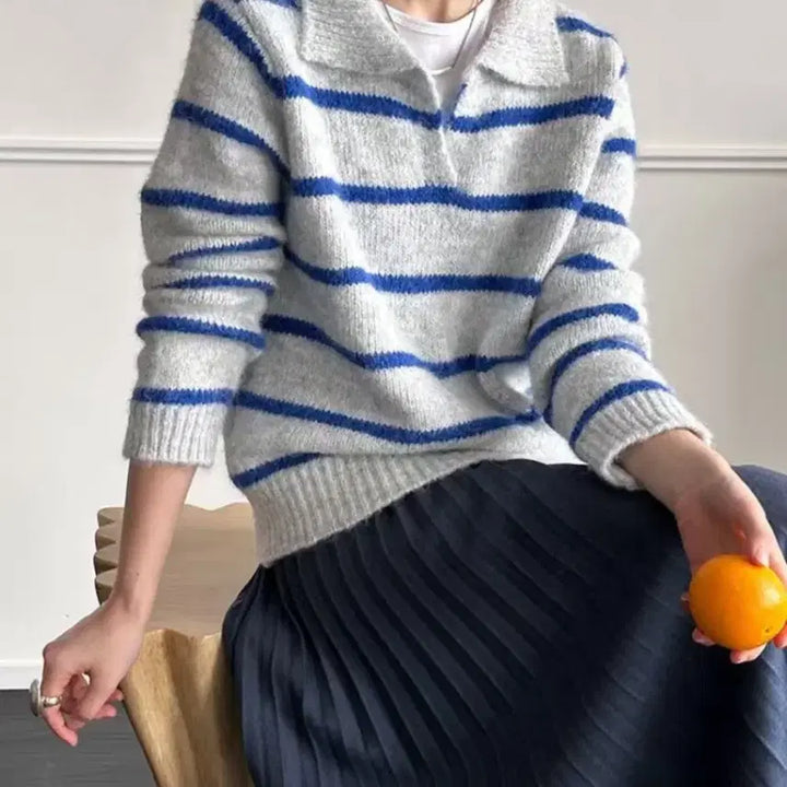 [BUNJANG] Striped Collar Knit Shirt / 스트라이프 카라넥 니트 셔츠