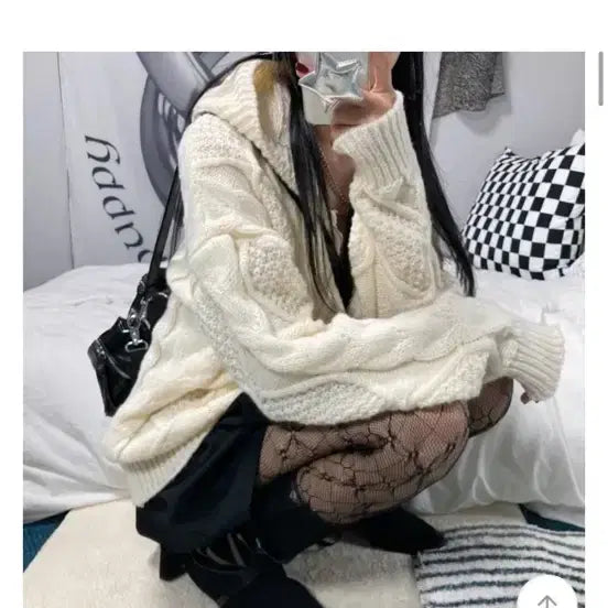 [BUNJANG] 미유 꽈배기 아가일 후드 루즈핏 니트 집업 가디건 아이보리 후드집업 양털 / 미유 꽈배기 아가일 후드 루즈핏 니트 집업 가디건 아이보리 후드집업 양털