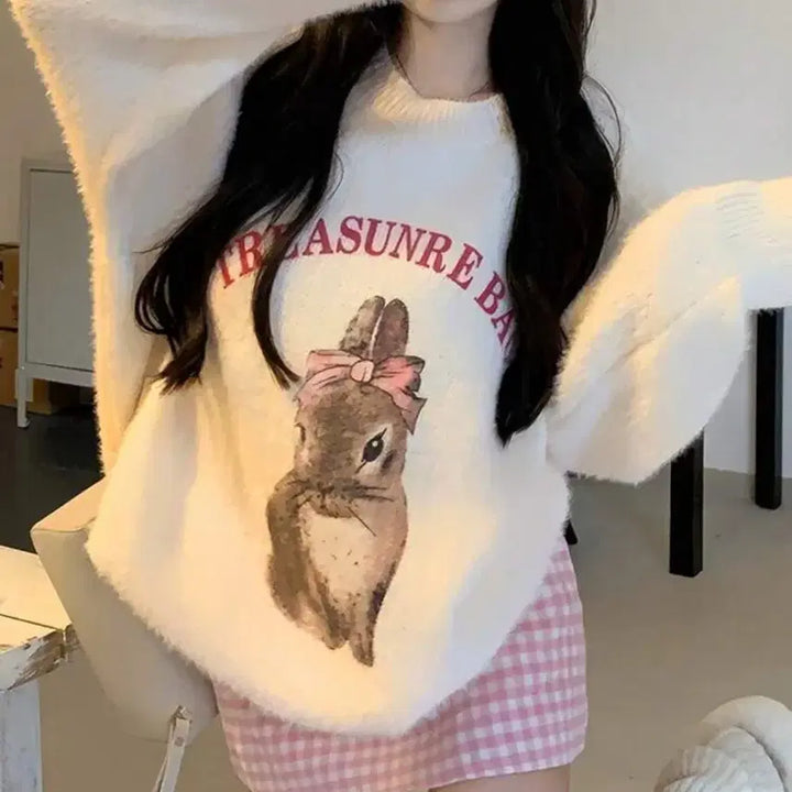 [BUNJANG] SHEIN Rabbit Print Angora Knit / Shein 쉬인 토끼 프린팅 앙고라 니트