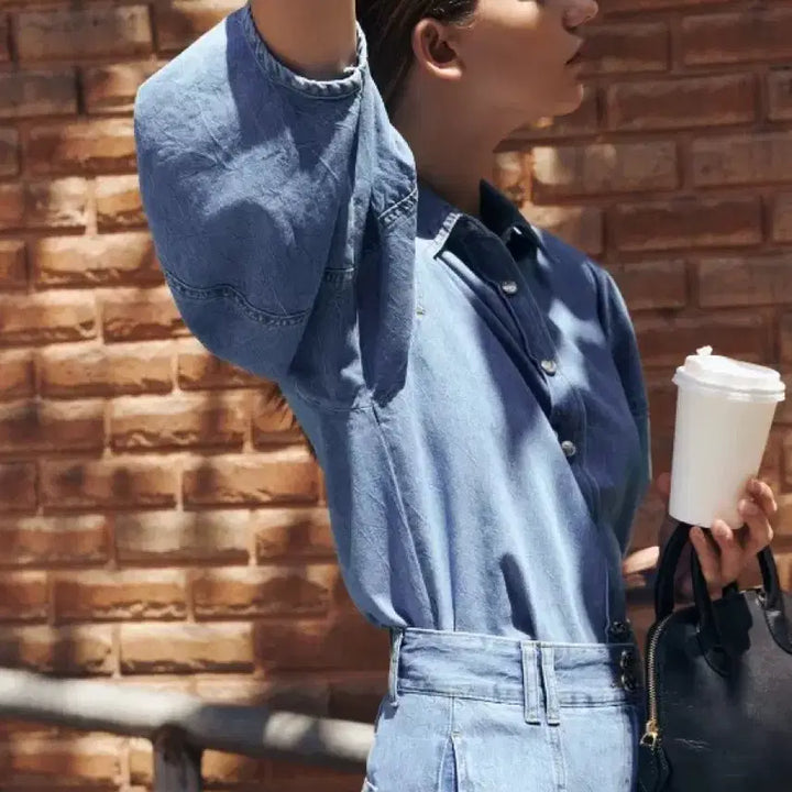 [BUNJANG] Missa Denim Two-Piece Set / 미샤 데님 반팔 셔츠 블라우스+롱스커트