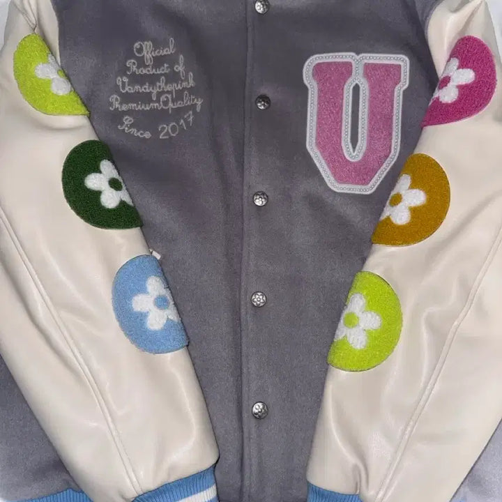 [BUNJANG] The Pink Vtech Varsity Jacket Grey L / 반디 더 핑크 브이텍 굿즈 바시티 자켓 그레이 L