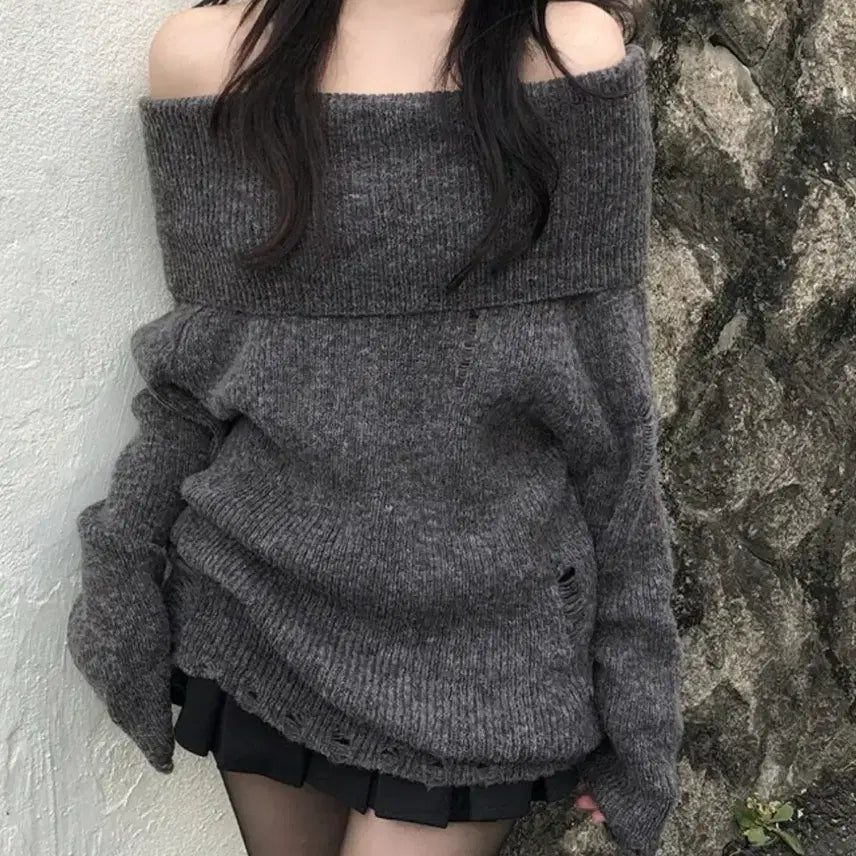 [BUNJANG] Vintage Damaged Charcoal Off-Shoulder Knit / 택포) 빈티지 데미지 오프숄더 챠콜 니트