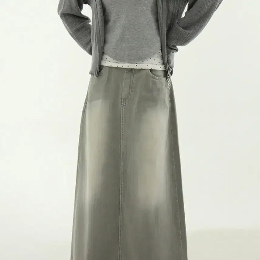 [BUNJANG] Beige Gray Denim Long Skirt / 베이지그레이 데님 밴딩 롱스커트 청치마