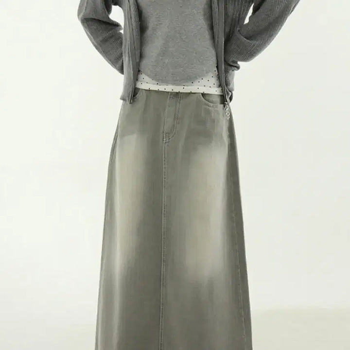 [BUNJANG] Beige Gray Denim Long Skirt / 베이지그레이 데님 밴딩 롱스커트 청치마