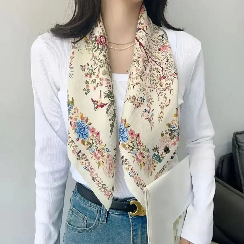 [BUNJANG] White Bird Floral Pattern Scarf / 새상품 스카프 화이트버드