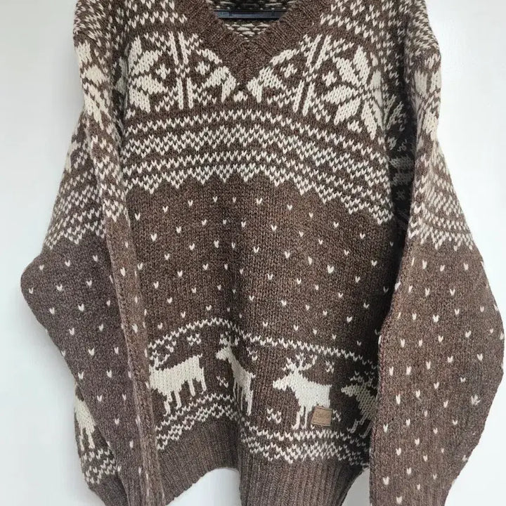 [BUNJANG] Underwood Nordic V-Neck Knit Sweater Brown Deer Pattern Wool 100% Size 95 / Underwood 브이넥 노르딕 니트 95