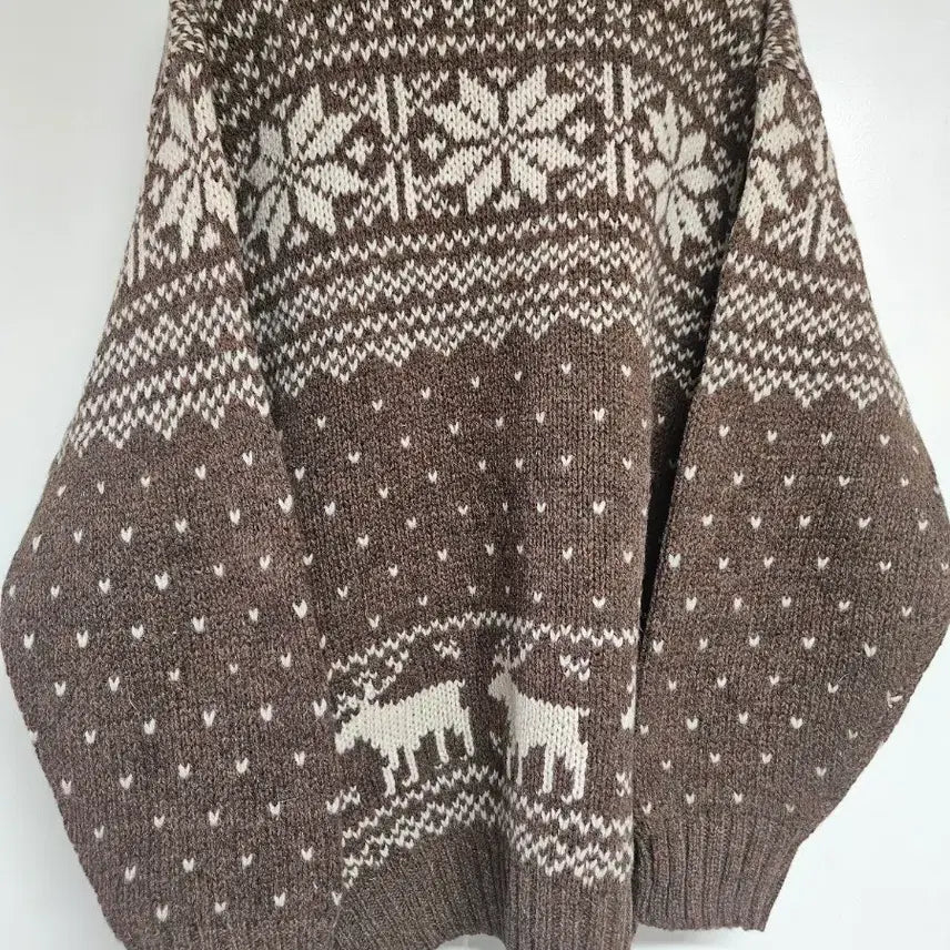 [BUNJANG] Underwood Nordic V-Neck Knit Sweater Brown Deer Pattern Wool 100% Size 95 / Underwood 브이넥 노르딕 니트 95