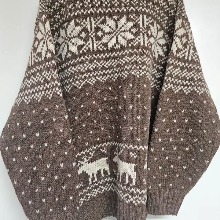 [BUNJANG] Underwood Nordic V-Neck Knit Sweater Brown Deer Pattern Wool 100% Size 95 / Underwood 브이넥 노르딕 니트 95