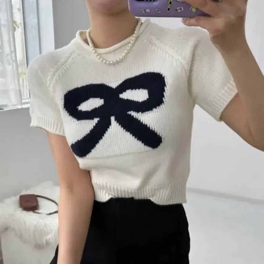 [BUNJANG] Unknown Brand Ribbon Knit Top / 귀여운 왕리본 반팔니트 S