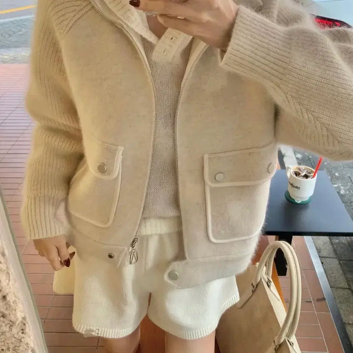 [BUNJANG] Ivory Angora Knit Zip-Up / 아이보리 니트 앙고라 니트집넙
