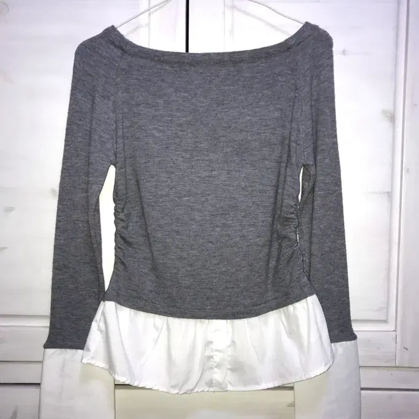 [BUNJANG] Layered Shirring Off-Shoulder Top - Grey / 셔츠 레이어드 셔링 오프숄더 탑 그레이