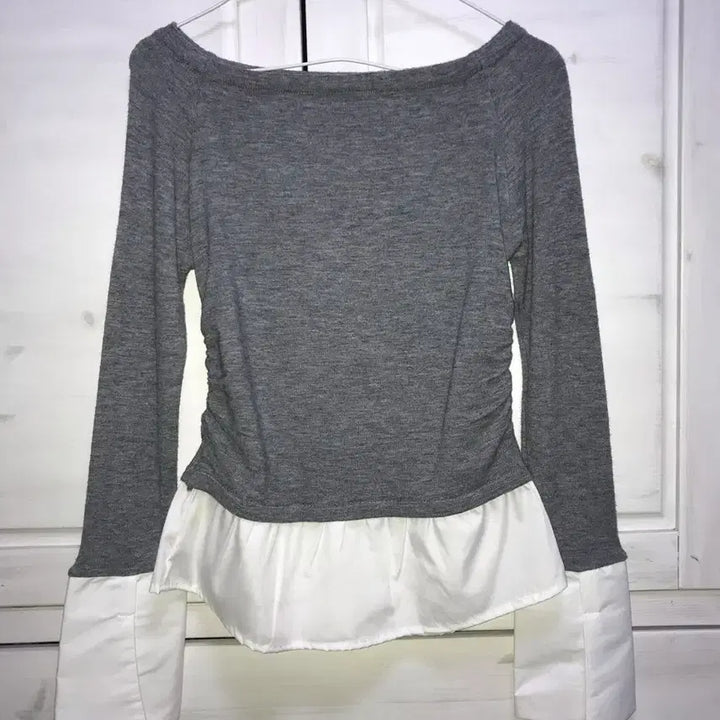 [BUNJANG] Layered Shirring Off-Shoulder Top - Grey / 셔츠 레이어드 셔링 오프숄더 탑 그레이
