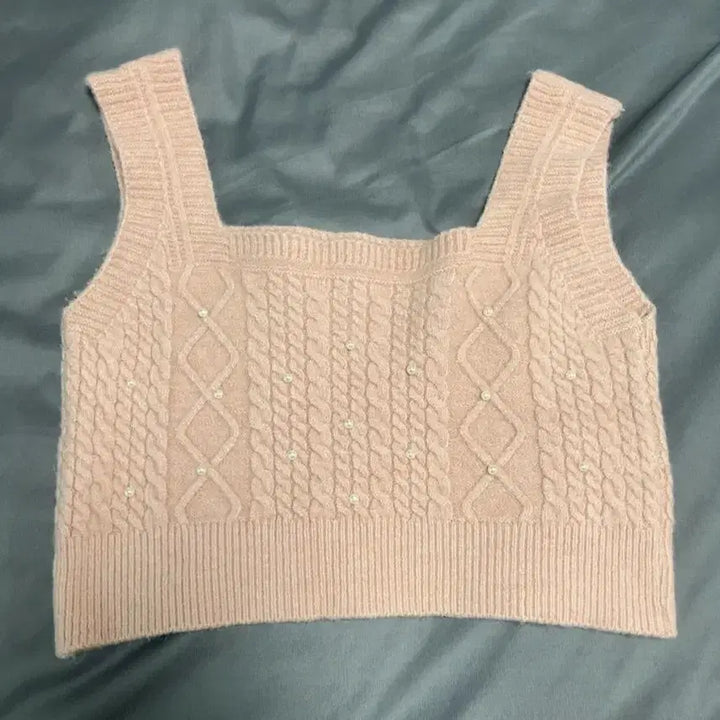 [BUNJANG] Pastel Pink Cable Knit Pearl Detail Bustier / 파스텔핑크 꽈배기 진주포인트 니트 뷔스티에