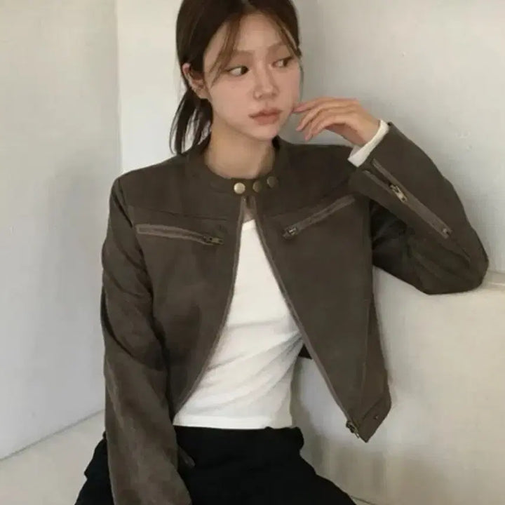 [BUNJANG] Doublekong Suede Leather Jacket Khaki Brown / 더블콩 노카라 스웨이드 레더 자켓 카키 에이블리