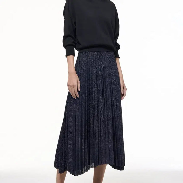 [BUNJANG] TIME Glitter Pleats Skirt Navy / 한섬 타임 TIME 글리터 플리츠 스커트 네이비 롱스커트 밴딩 플레어