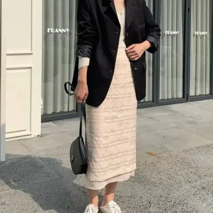 [BUNJANG] Check Layered Long Skirt (Ivory/Light Beige) / 아이보리 체크 롱스커트,연베이지롱스커트,레이어드롱스커트,레이어드롱스커트