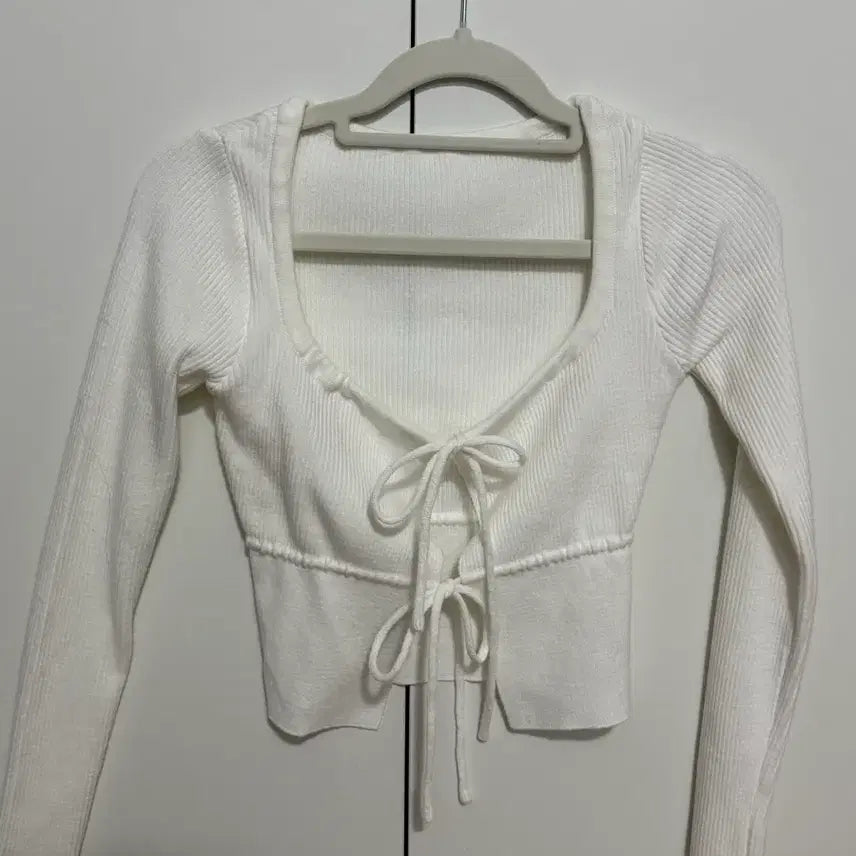 [BUNJANG] White Knit Tie Long Sleeve Bolero / 화이트 끈 니트 긴팔 티셔츠 볼레로