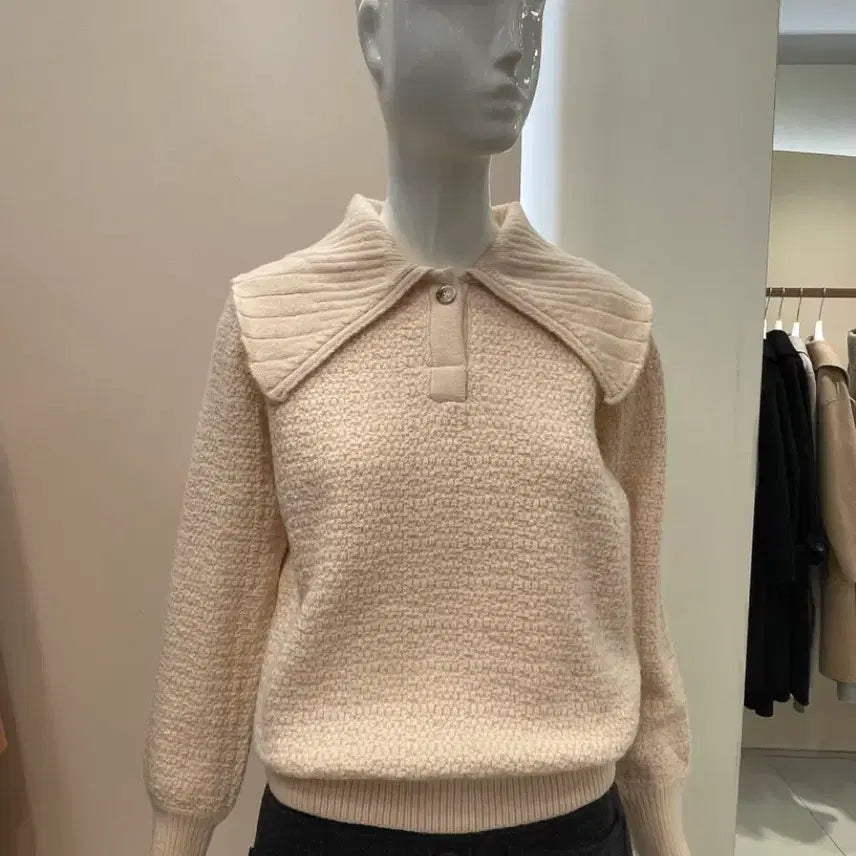 [BUNJANG] LINE Big Collar Button Knit Cream 55 / (무료배송) 라인 빅카라 버튼 니트 크림색 55