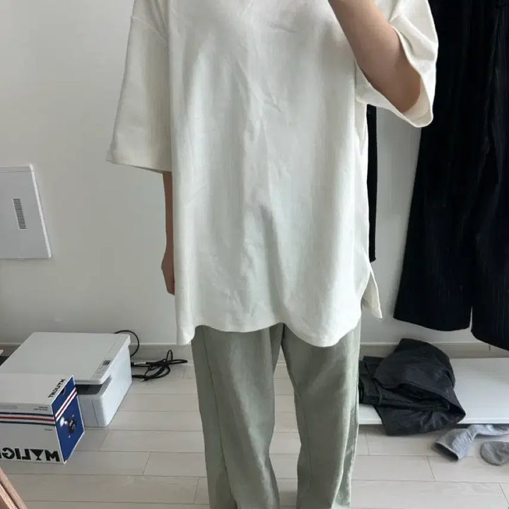 [BUNJANG] Aromy Market Oversized Long-Sleeve T-shirt Set / 에이블리 오버핏 76cm 기장 겉기모 반팔 set 키큰녀
