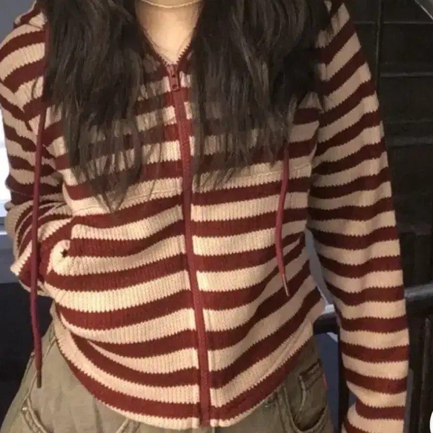 [BUNJANG] Striped Knit Zip-Up Hoodie / 후드 스트라이프 니트집업
