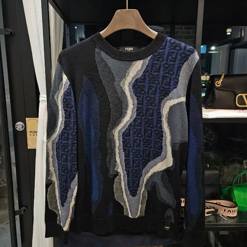 [BUNJANG] Fendi FF Logo Pattern Knit Sweater Black/Blue - Size 50 / [정품/50사이즈] 펜디 FF로고 패턴 니트 스웨터 블랙/블루