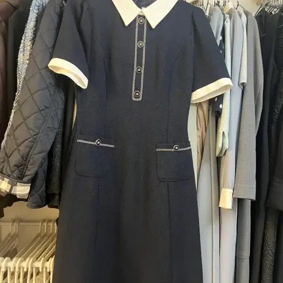[BUNJANG] Navy Collar Midi Dress - Size S / 네이비 카라 미디 원피스 S