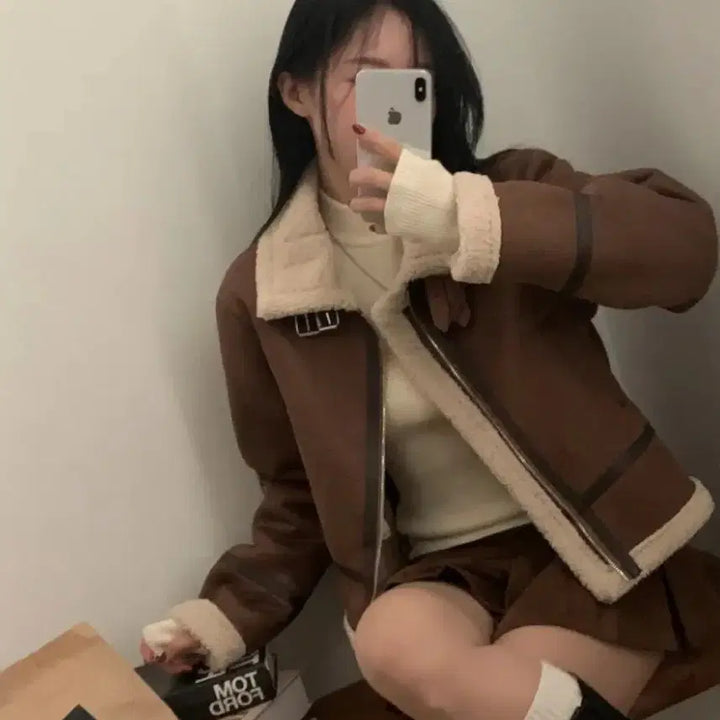 [BUNJANG] Brown Highneck Half-length Mustang Jacket / 에이블리 무스탕 브라운 하이넥