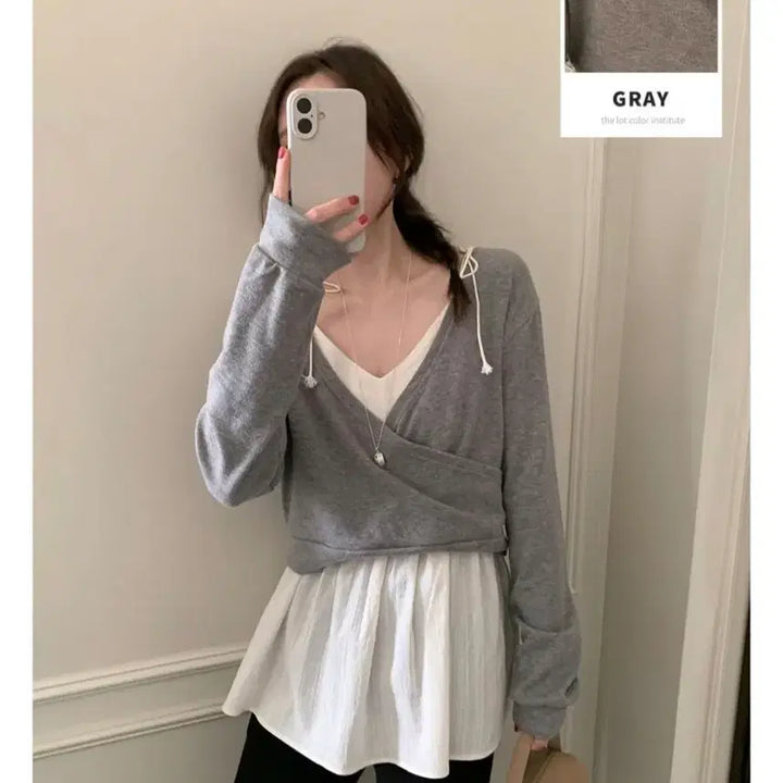 [BUNJANG] Thelot Grey Crop Wrap Layered Sweatshirt / 그레이 크롭 랩 레이어드 맨투맨