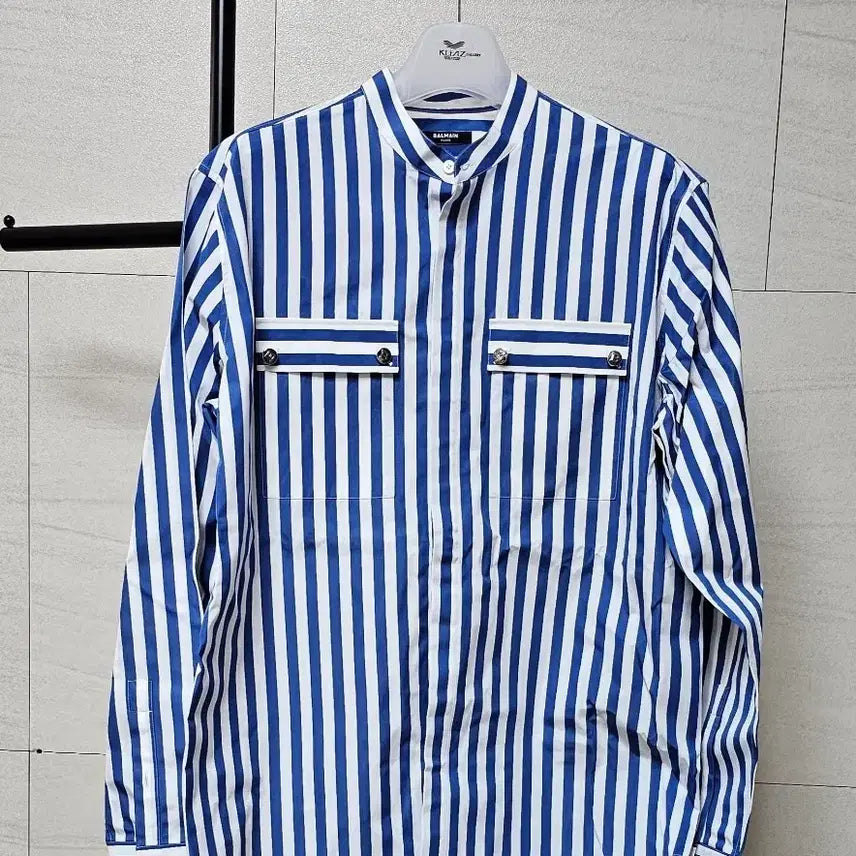 [BUNJANG] Balmain Striped Shirt Blue White / BALMAIN 발망 스트라이프 셔츠 블루 화이트 배색