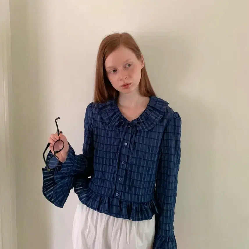 [BUNJANG] Ovins Yang Navy Shirred Blouse / ovins yang 셔링 네이비 블라우스