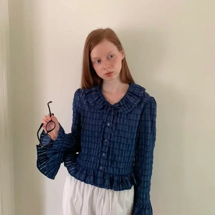 [BUNJANG] Ovins Yang Navy Shirred Blouse / ovins yang 셔링 네이비 블라우스