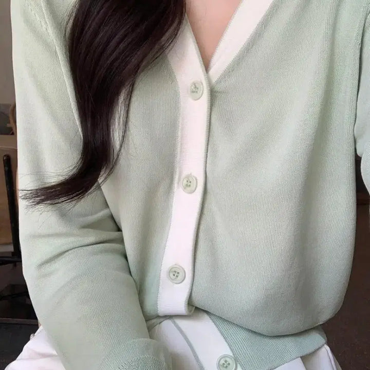 [BUNJANG] Page U Mint White Color Block Cardigan / 페이지유 민트 화이트 배색 가디건